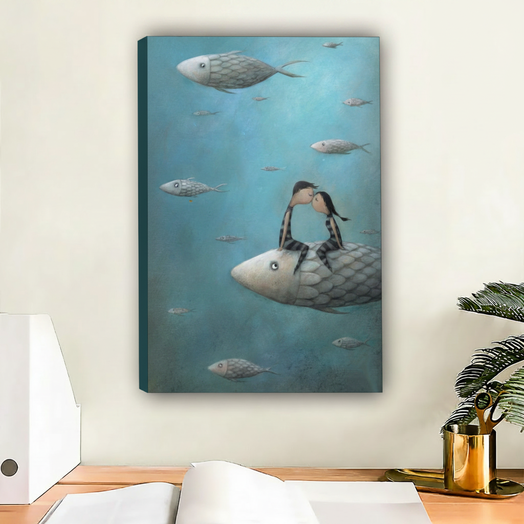Whimsical underwater romance canvas art print — couple riding a giant fish surrounded by silver fish