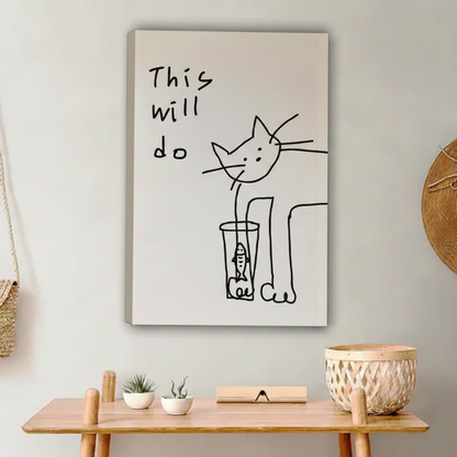 Whimsical this will do cat stepping on fish glass line drawing float frame canvas wall art above wooden entryway bench with wicker basket in contemporary hallway