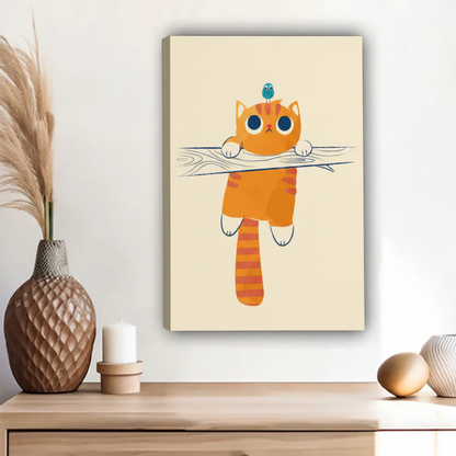 Cute orange cat clinging to wooden branch tiny blue bird on head float frame canvas wall art above wooden sideboard with pineapple vase and ceramic decor in contemporary living room