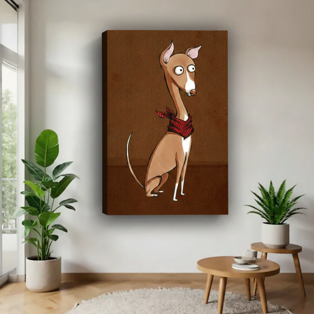 Italian Greyhound with red bandana canvas wall art, frameless gallery wrap, whimsical cartoon dog illustration on warm brown background, hung on white wall in a bright minimalist entryway with fiddle leaf fig and round side table