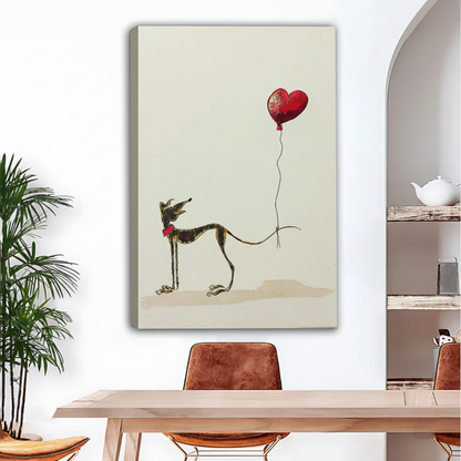 Gallery-wrapped greyhound canvas print, whippet with heart balloon on cream background, frameless wall art for modern home