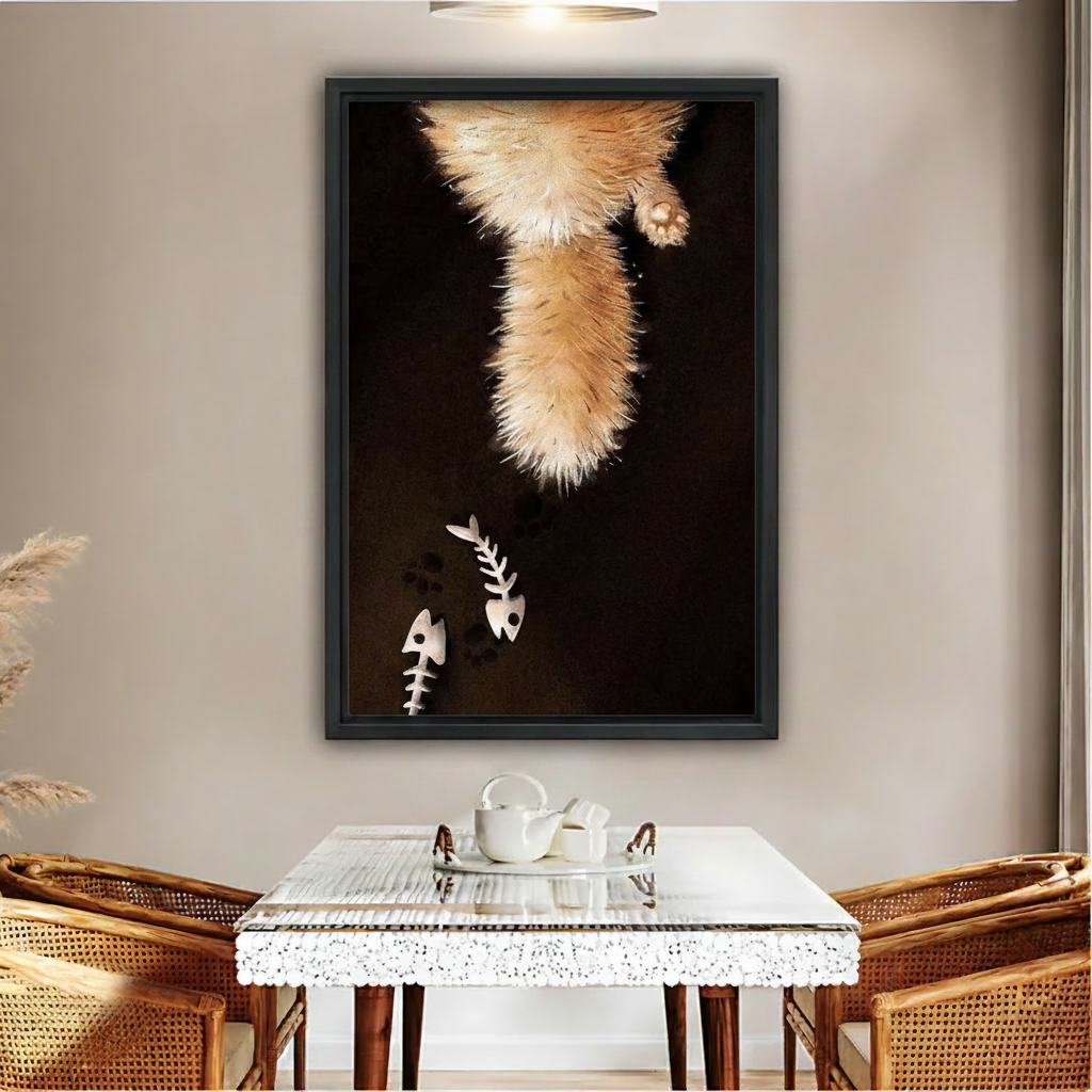 Funny cat tail and fish bone canvas print in black frame above dining table – dark aesthetic wall art