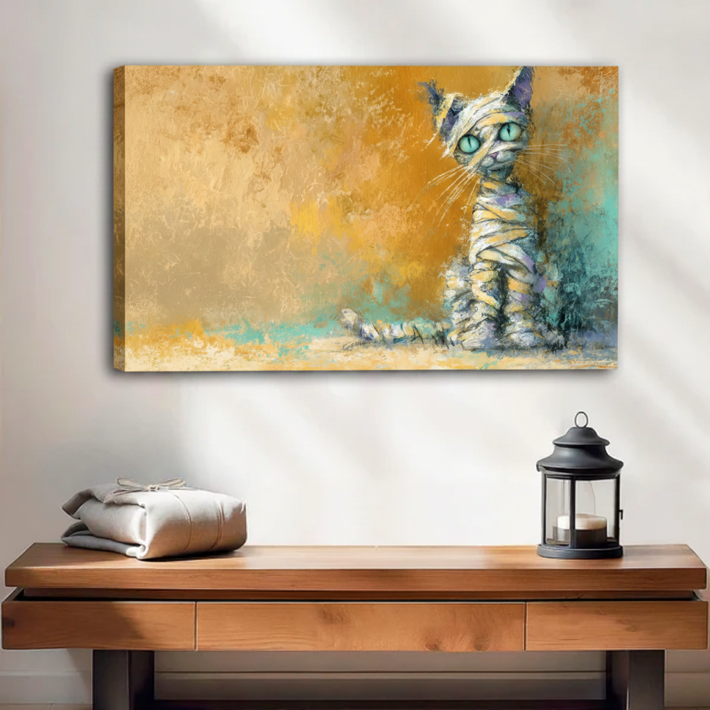 Mummy cat with glowing teal eyes canvas wall art, frameless gallery wrap, golden teal oil painting style, hung above a wooden console table in a warm neutral entryway with lantern