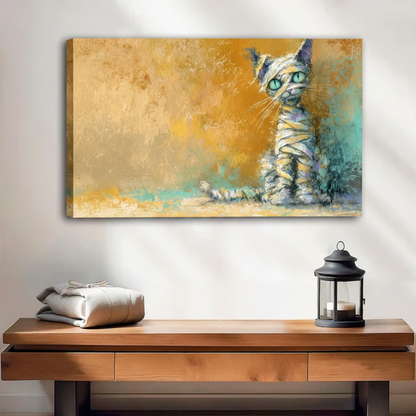 Mummy cat with glowing teal eyes canvas wall art, frameless gallery wrap, golden teal oil painting style, hung above a wooden console table in a warm neutral entryway with lantern