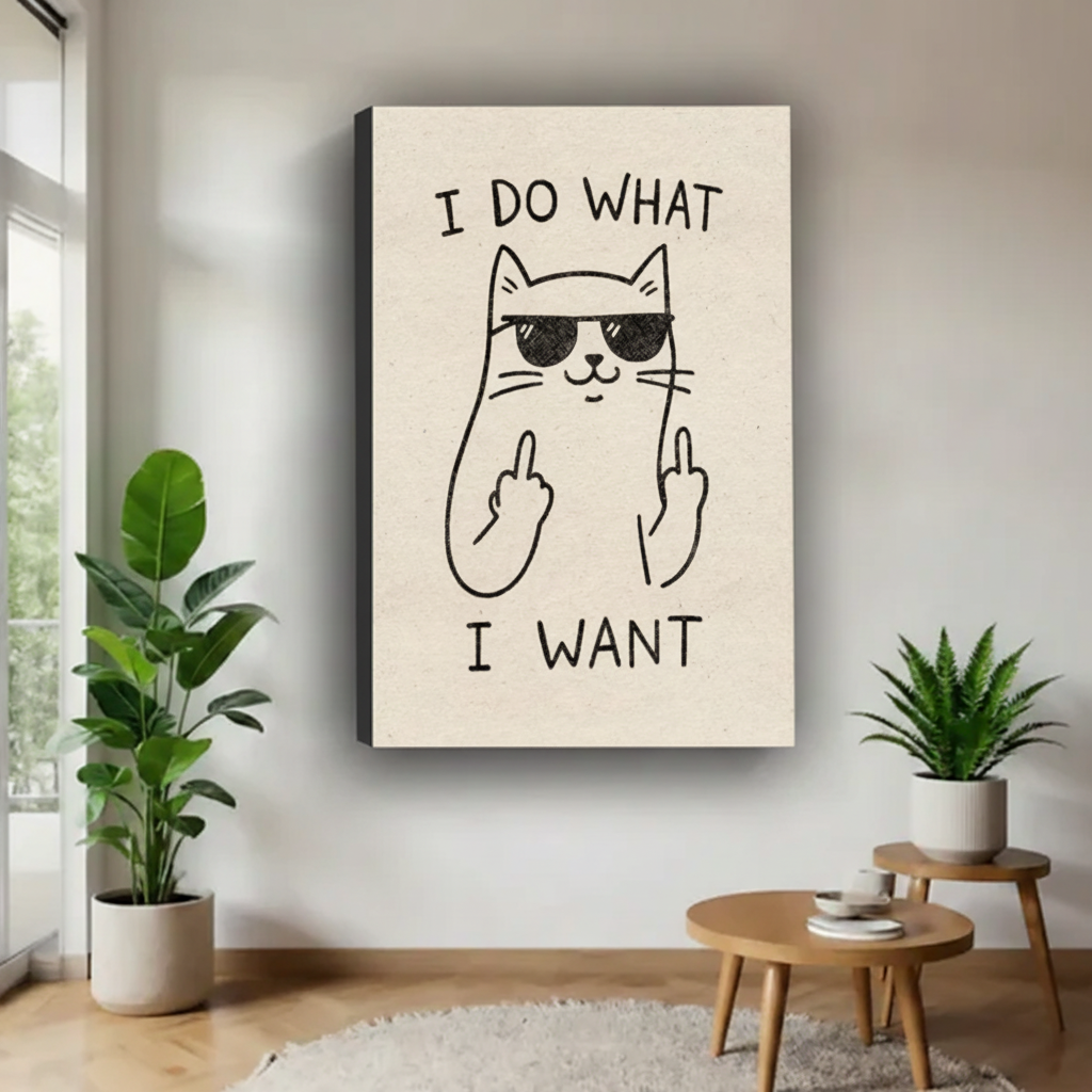 Cool cat with sunglasses I do what I want funny line drawing float frame canvas wall art on white wall with fiddle leaf fig and round oak side table in contemporary minimalist living room
