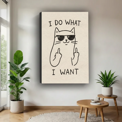 Cool cat with sunglasses I do what I want funny line drawing float frame canvas wall art on white wall with fiddle leaf fig and round oak side table in contemporary minimalist living room
