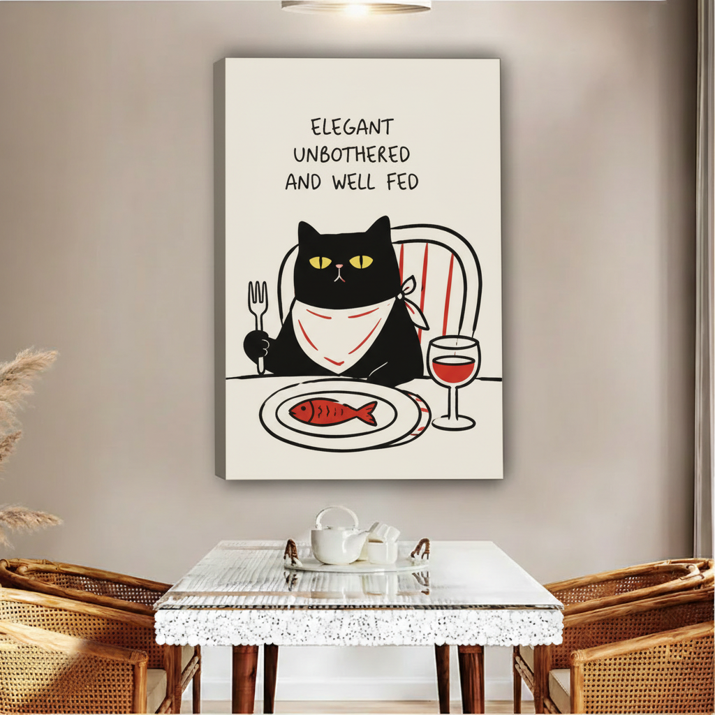 Sassy black cat with fork fish plate red wine elegant unbothered and well fed funny illustration float frame canvas wall art above glass dining table with rattan chairs and white tea set in contemporary boho dining room