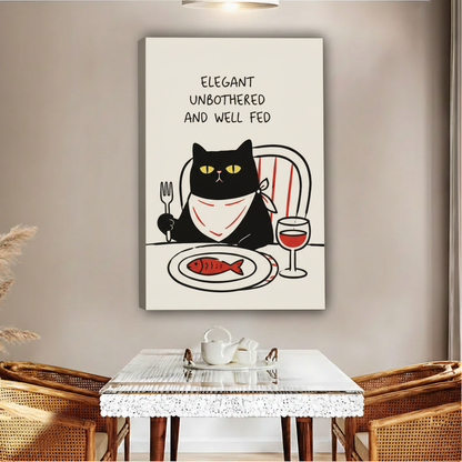 Sassy black cat with fork fish plate red wine elegant unbothered and well fed funny illustration float frame canvas wall art above glass dining table with rattan chairs and white tea set in contemporary boho dining room