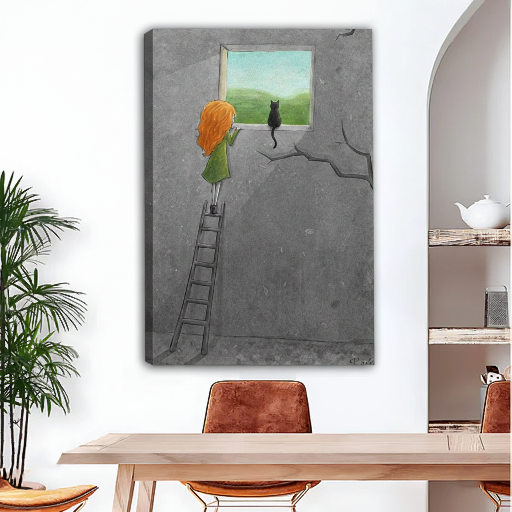 Whimsical girl and black cat at window canvas wall art, frameless gallery wrap, grey surreal illustration green landscape, hung above a light wood dining table with leather chairs in a modern eclectic dining room with indoor palm