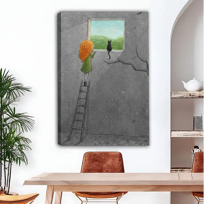 Whimsical girl and black cat at window canvas wall art, frameless gallery wrap, grey surreal illustration green landscape, hung above a light wood dining table with leather chairs in a modern eclectic dining room with indoor palm