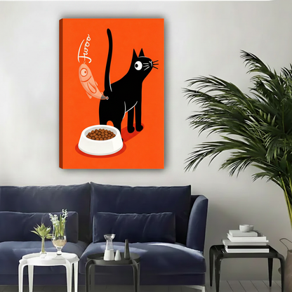 Cute black cat with fish hanging from tail orange red background cat food bowl float frame canvas wall art above navy velvet sofa with black coffee table and palm plant in contemporary living room