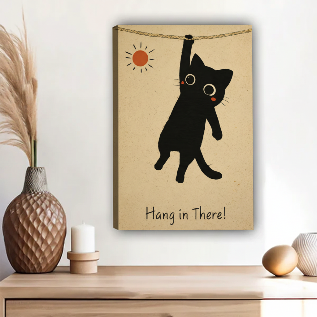 Whimsical hang in there black cat clinging to rope retro poster float frame canvas wall art above wooden sideboard with pampas grass and ceramic decor in contemporary hallway