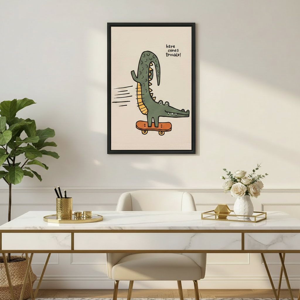 Skateboard crocodile cartoon print for kids room — colorful framed wall art with "here comes trouble" text detail