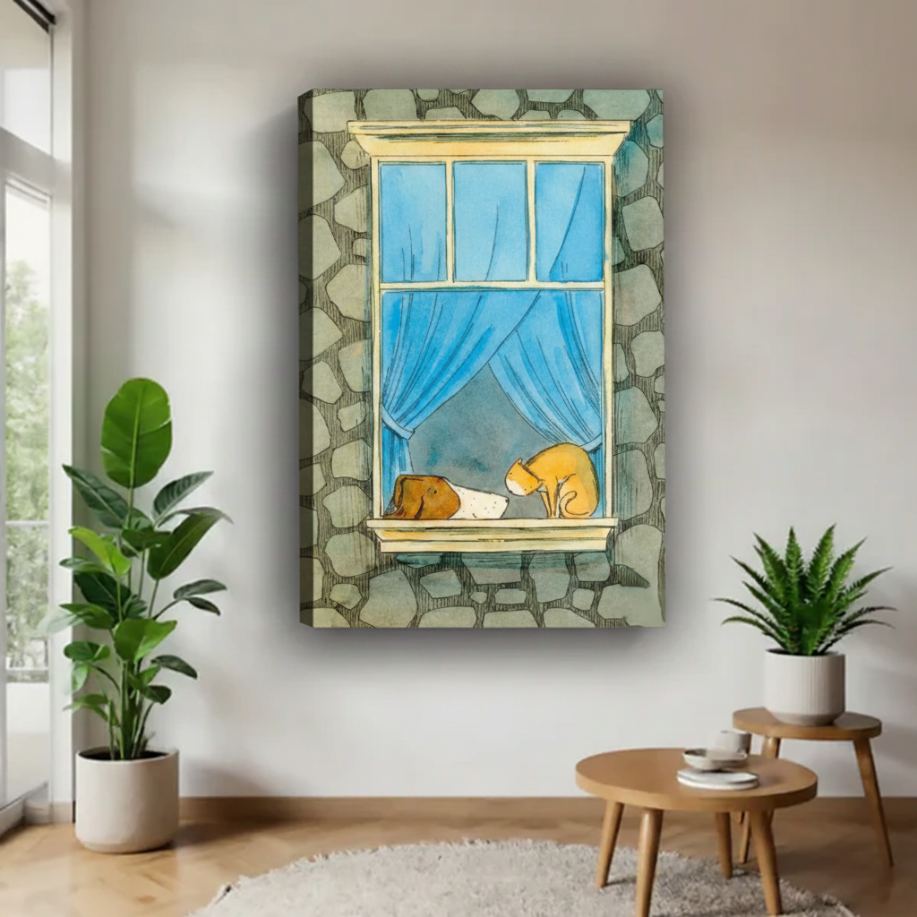 Cat and dog on stone window ledge canvas wall art, frameless gallery wrap, whimsical watercolor sketch with blue curtains, hung in a modern airy living room with tropical plants