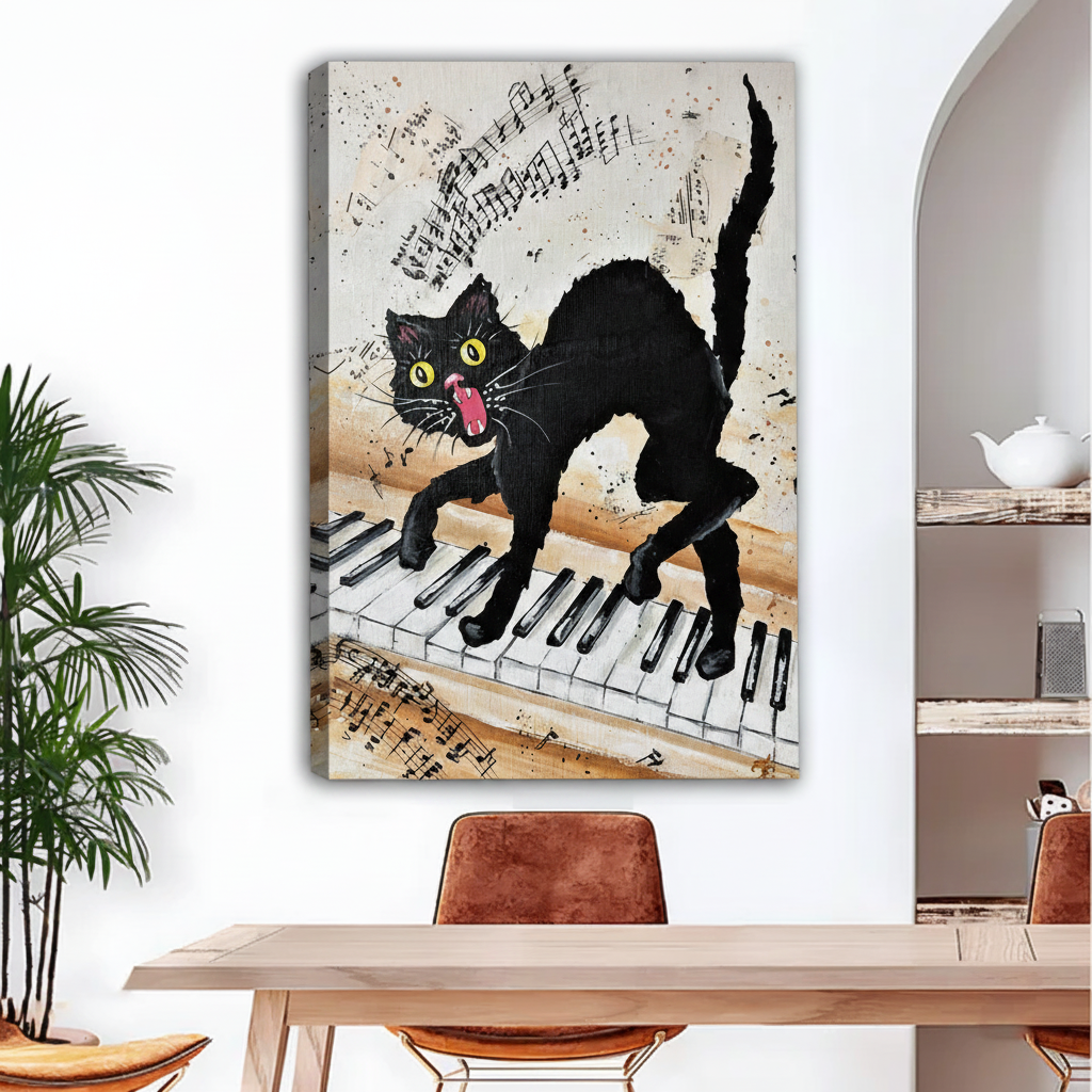 Gallery-wrapped black cat piano canvas print, crazy cat on piano keys with scattered sheet music, frameless wall art for modern dining room

