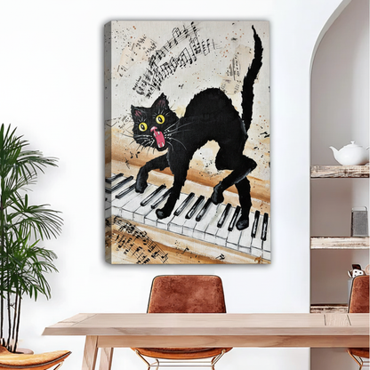 Gallery-wrapped black cat piano canvas print, crazy cat on piano keys with scattered sheet music, frameless wall art for modern dining room

