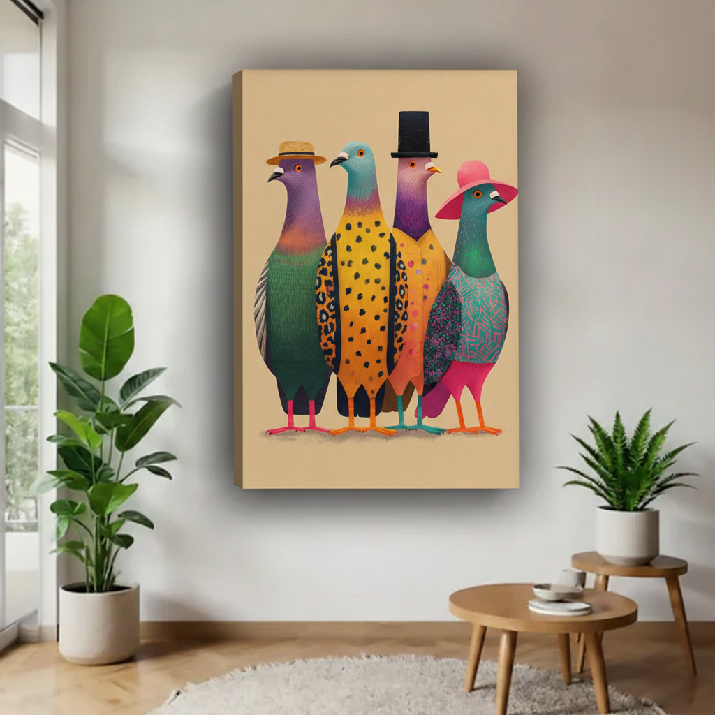  Four fashionable pigeons wearing hats canvas wall art, frameless gallery wrap, bold whimsical bird illustration on beige background, hung in a modern airy living room with indoor plants and round side table