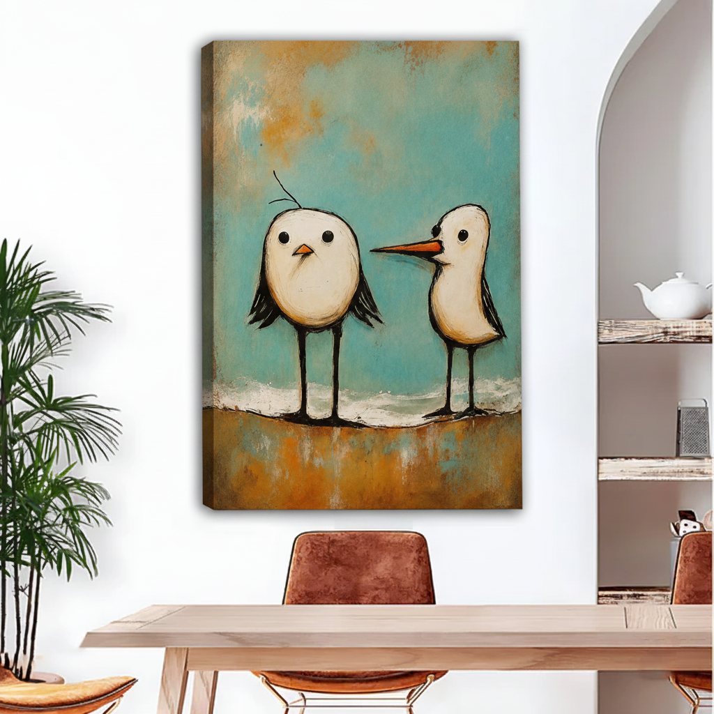 Gallery-wrapped seagull canvas print, two funny coastal birds on textured teal background, frameless wall art for modern dining room