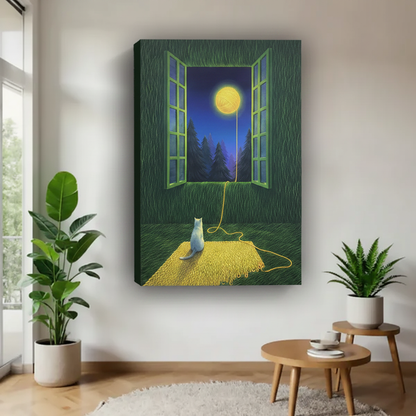 White cat gazing at moon yarn ball canvas wall art, frameless gallery wrap, dreamy green night illustration, hung in a modern airy living space with tropical plants