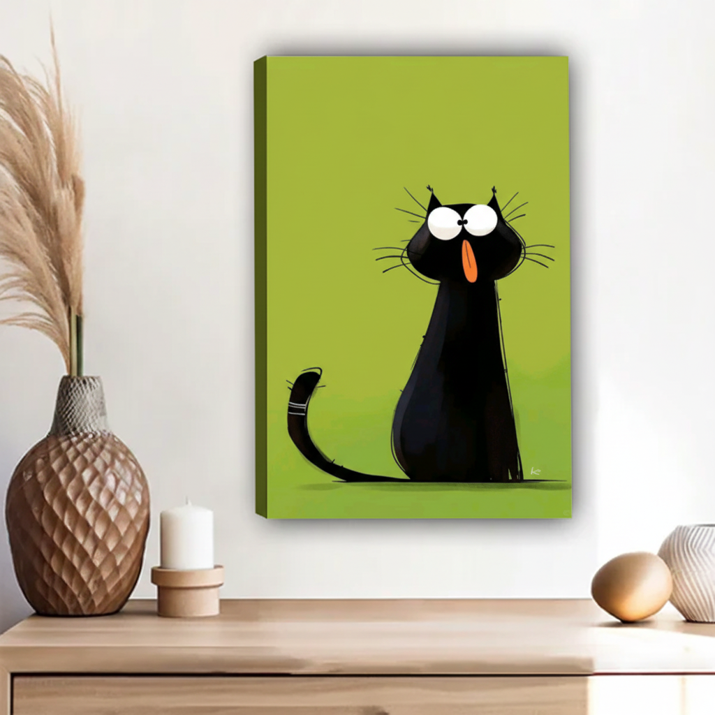 Whimsical black cat big eyes orange tongue lime green float frame canvas wall art above wooden sideboard with pampas grass and ceramic decor in contemporary hallway