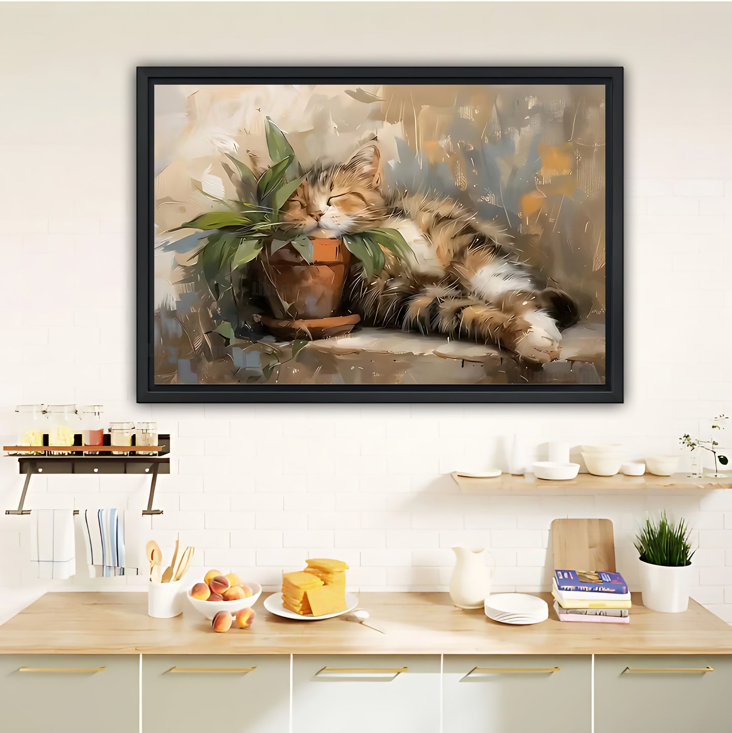 Lazy Cat Watercolor Canvas - Cozy Tabby with Plants Wall Art|Liberty Signs #L361