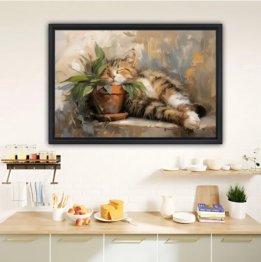Lazy Cat Watercolor Canvas - Cozy Tabby with Plants Wall Art|Liberty Signs #L361