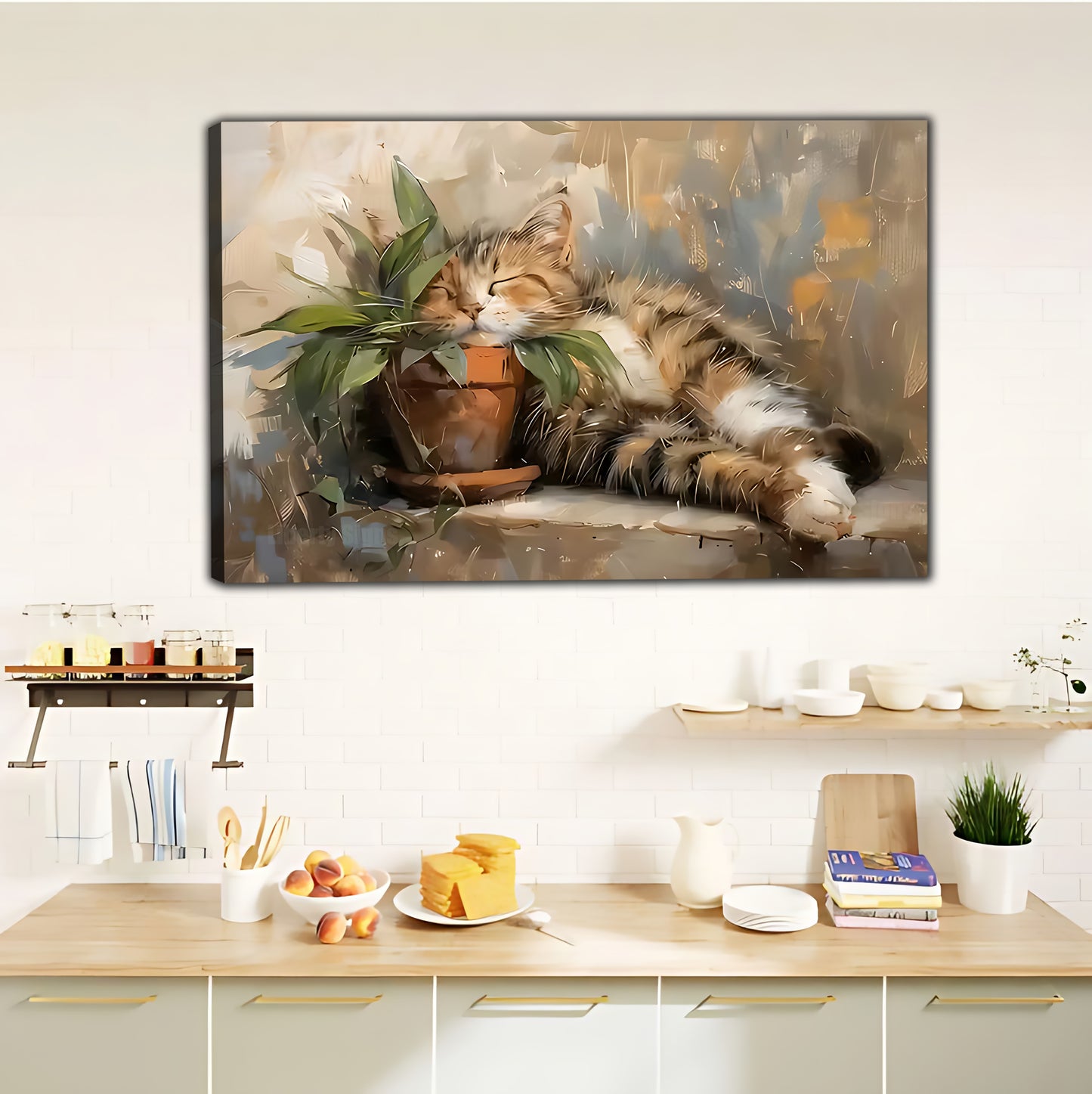 Lazy Cat Watercolor Canvas - Cozy Tabby with Plants Wall Art|Liberty Signs #L361
