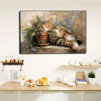 Lazy Cat Watercolor Canvas - Cozy Tabby with Plants Wall Art|Liberty Signs #L361