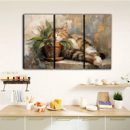 Lazy Cat Watercolor Canvas - Cozy Tabby with Plants Wall Art|Liberty Signs #L361