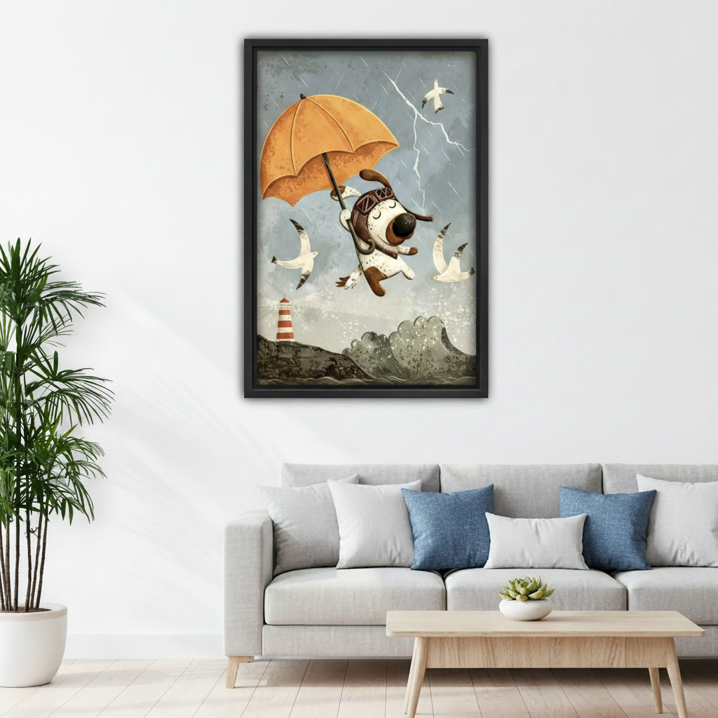 Flying dog with umbrella canvas print in cozy bedroom, whimsical storybook wall art for kids and dog lovers