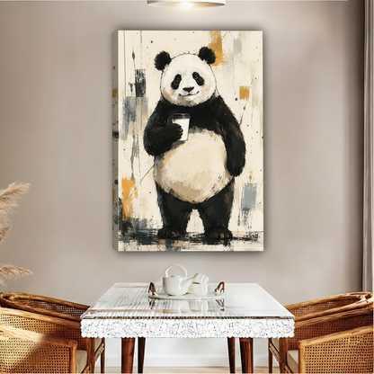 Panda with takeaway coffee cup on abstract gold and grey brushstroke background – modern canvas art