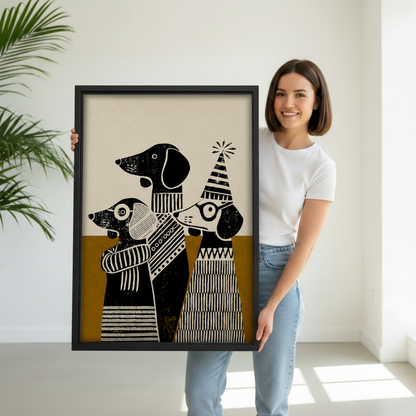Boho Dachshund Trio Folk Art Framed Canvas Wall Art l3147