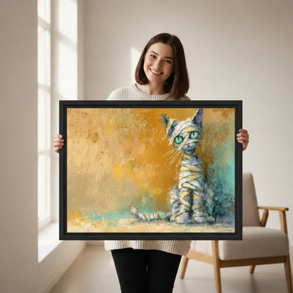 Woman holding large framed mummy cat teal eyes wall art print, black frame, golden teal oil painting style, showing actual print size in a bright modern room