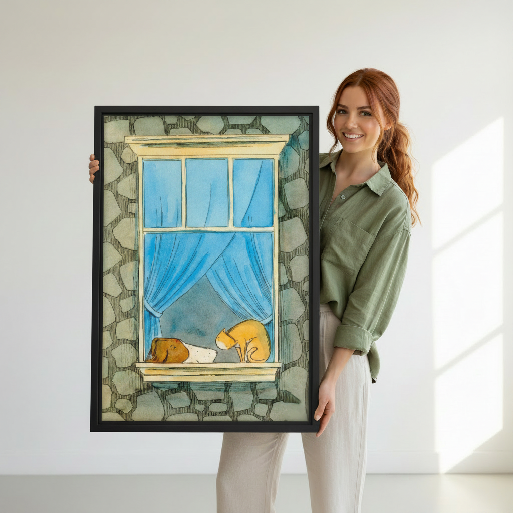 Woman holding large framed dog and cat stone window wall art print, black frame, whimsical watercolor sketch illustration, showing actual print size