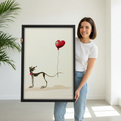 Woman holding large framed greyhound art print, Italian greyhound with red heart balloon, premium black frame canvas wall art

