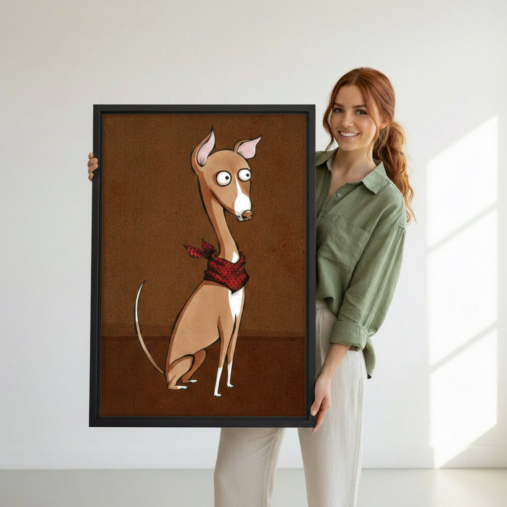 Woman holding large framed funny Italian Greyhound with red bandana wall art print, black frame, whimsical cartoon dog illustration on warm brown background, showing actual print size in a bright modern studio