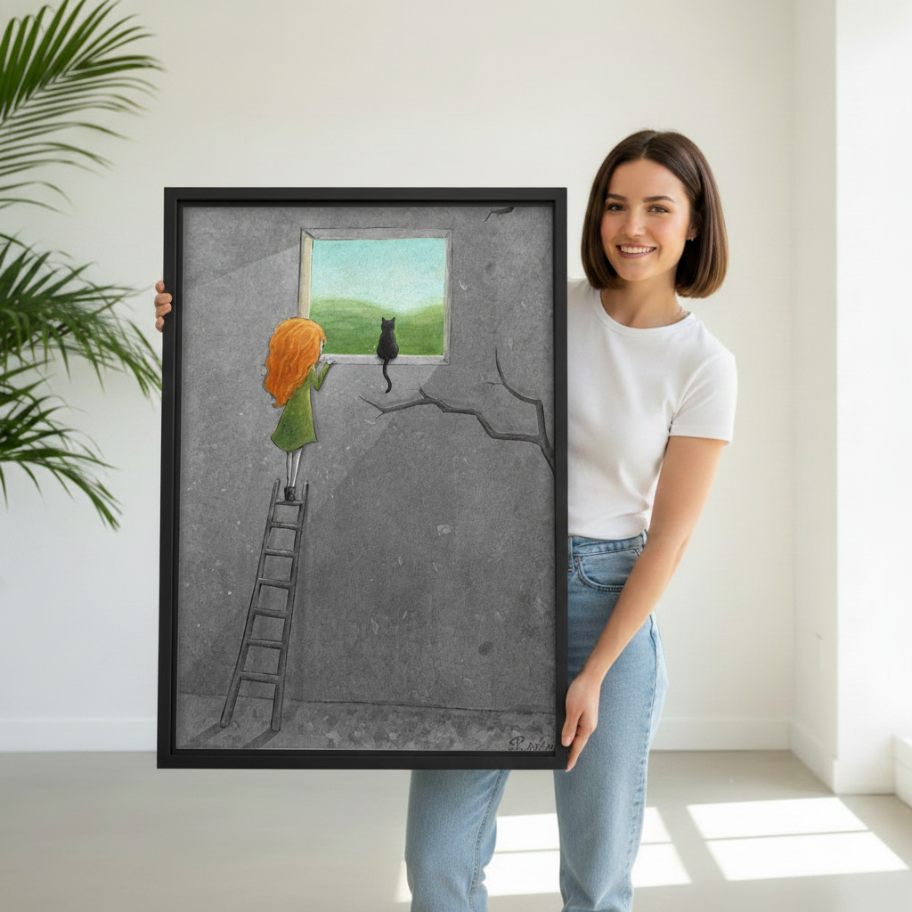 Woman holding large framed girl climbing ladder to window with black cat whimsical wall art print, black frame, grey surreal illustration green landscape, showing actual print size in a bright modern studio