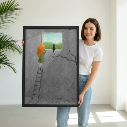 Woman holding large framed girl climbing ladder to window with black cat whimsical wall art print, black frame, grey surreal illustration green landscape, showing actual print size in a bright modern studio