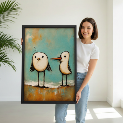 Woman holding large framed seagull art print, two whimsical coastal birds on teal and amber background, premium black frame canvas wall art

