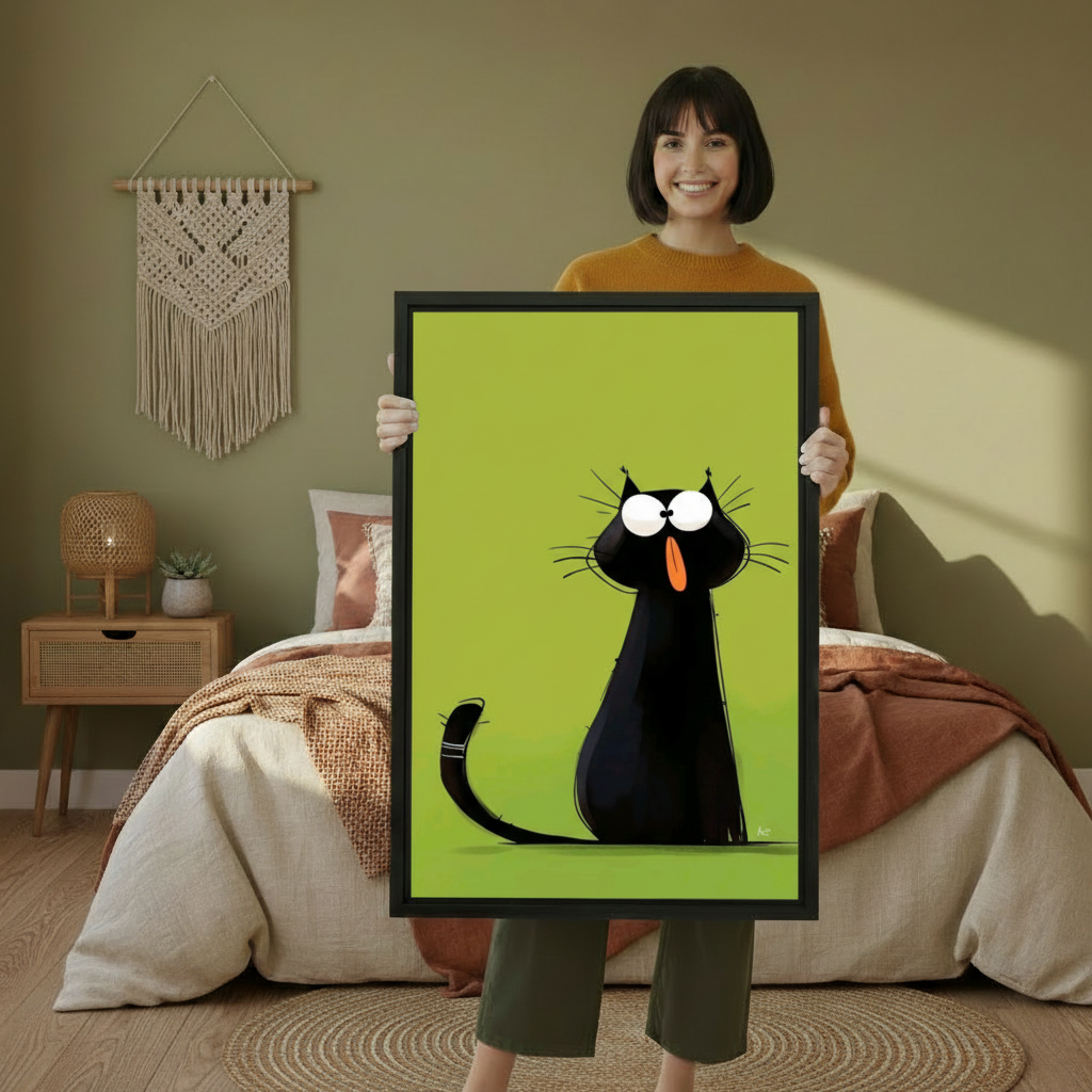 Woman holding large framed funny black cat sticking tongue out lime green illustration art print showing actual print size in sage green boho bedroom