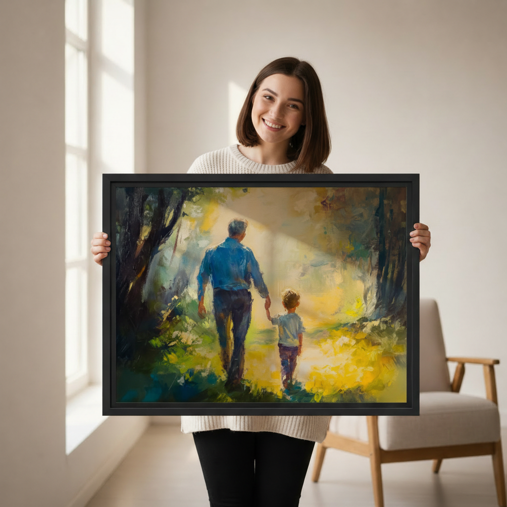 Woman holding large framed father and son forest walk watercolor oil painting wall art print in black frame showing actual print size in bright minimalist living room with armchair