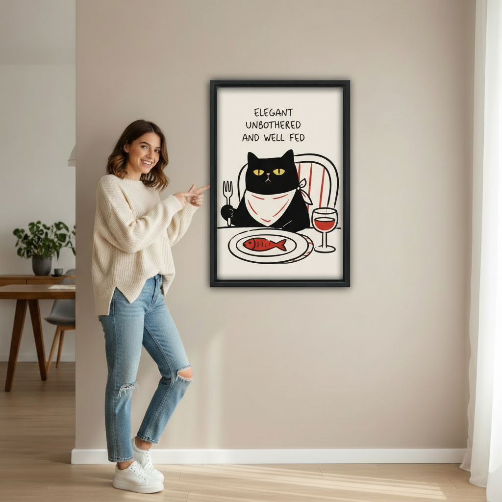 Woman pointing at elegant unbothered and well fed black cat dining funny wall art print in black frame showing actual print size on beige wall in bright minimalist entryway with wooden desk and green plant