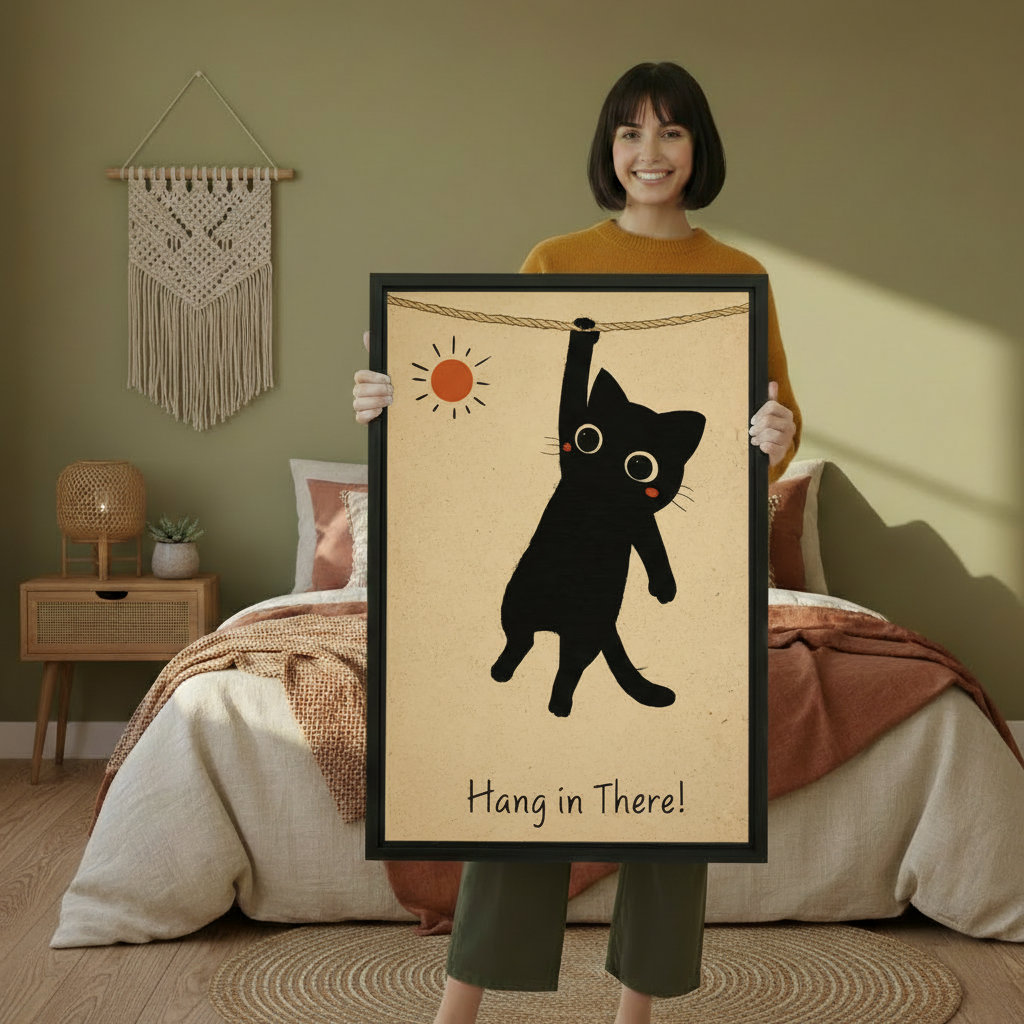 Woman holding large framed hang in there black cat vintage motivational wall art print in black frame showing actual print size in olive green boho bedroom with macrame wall hanging