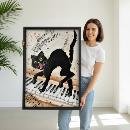 Woman holding large framed black cat piano art print, whimsical cat playing piano with music notes, premium black frame canvas wall art gift for cat lovers