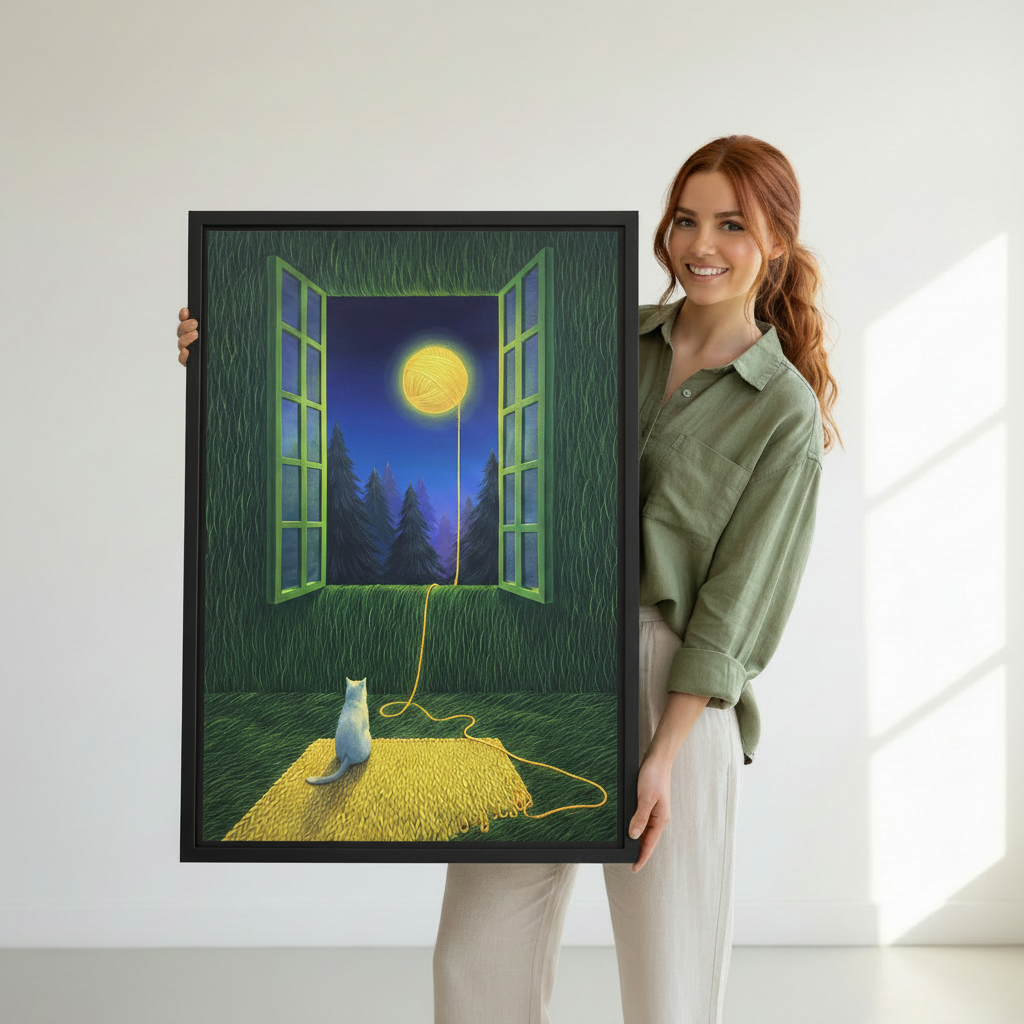  Woman holding large framed white cat moon yarn ball wall art print, black frame, surreal whimsical night scene, showing actual print size