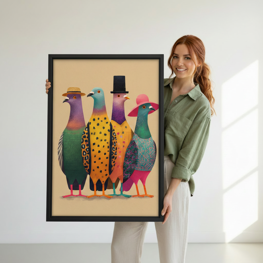 Woman holding large framed four colorful pigeons wearing hats wall art print, black frame, bold whimsical bird illustration on beige background, showing actual print size