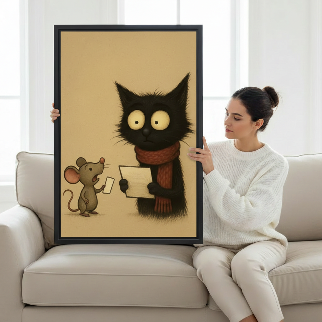 Woman holding large framed funny black cat red scarf mouse letter wall art print in black frame showing actual print size on cream sofa in bright minimalist living room