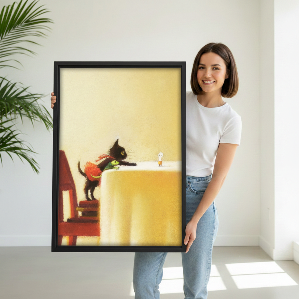 Woman holding large framed cute black cat with frog toy climbing table wall art print, black frame, warm yellow whimsical oil painting style, showing actual print size in a bright modern room