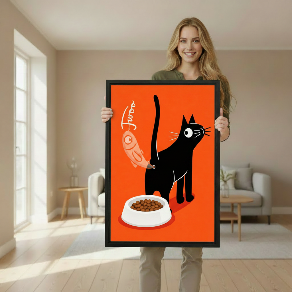 Woman holding large framed funny black cat fish tail orange background Fwoo wall art print in black frame showing actual print size in bright minimalist living room with white sofa and wooden side table