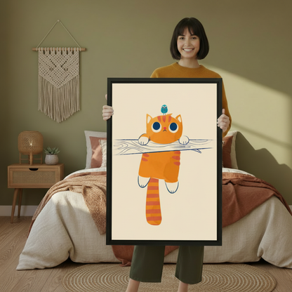 Woman holding large framed orange tabby cat hanging from branch blue bird on head funny wall art print in black frame showing actual print size in olive green boho bedroom with macrame wall hanging